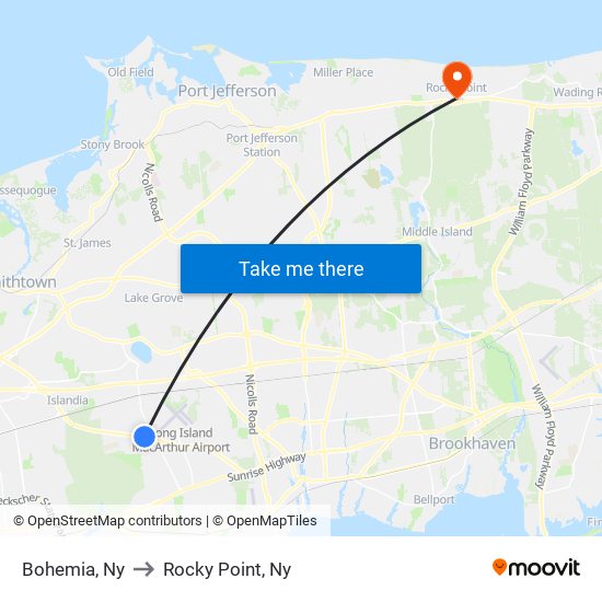 Bohemia, Ny to Rocky Point, Ny map