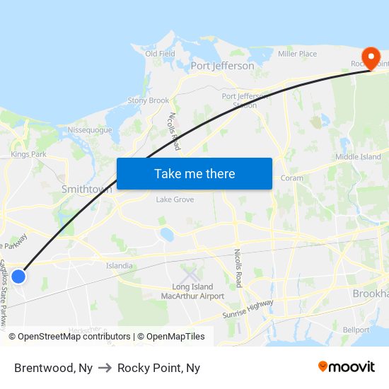 Brentwood, Ny to Rocky Point, Ny map