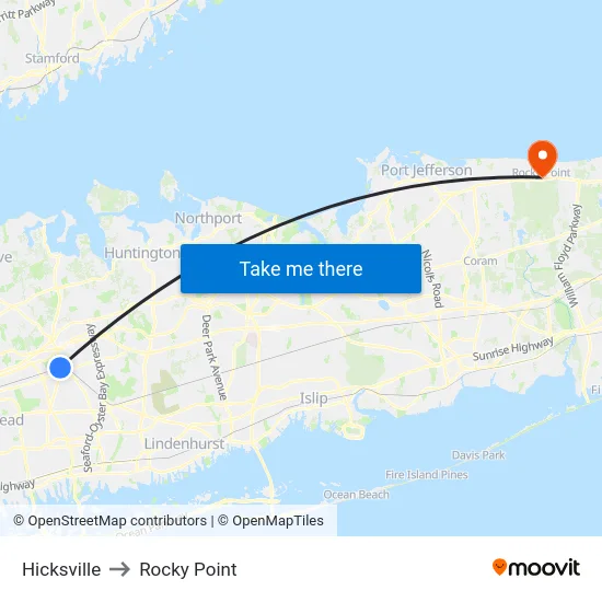 Hicksville to Rocky Point map