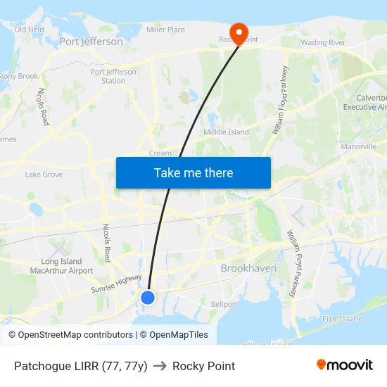 Patchogue LIRR (77, 77y) to Rocky Point map