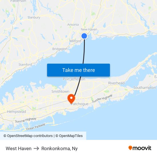 West Haven to Ronkonkoma, Ny map