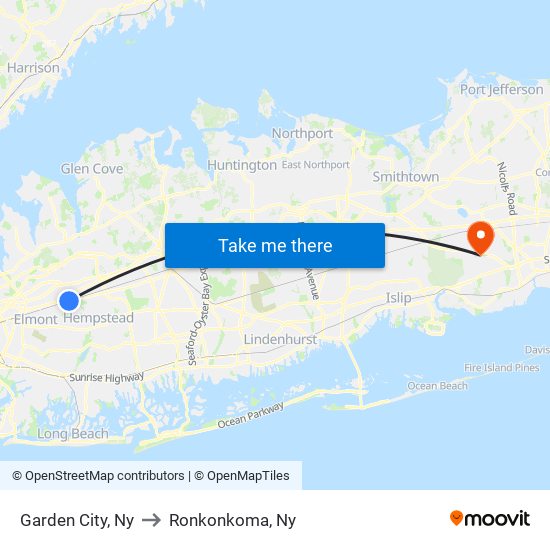 Garden City, Ny to Ronkonkoma, Ny map