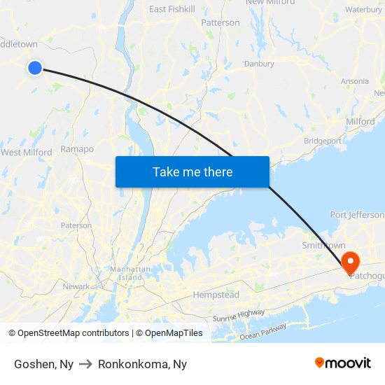 Goshen, Ny to Ronkonkoma, Ny map