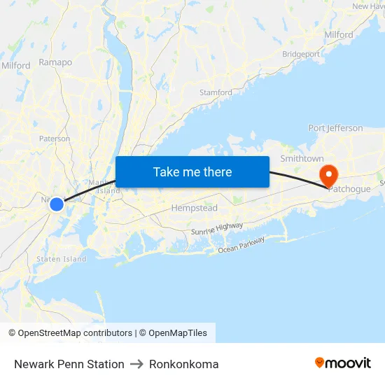 Newark Penn Station to Ronkonkoma map