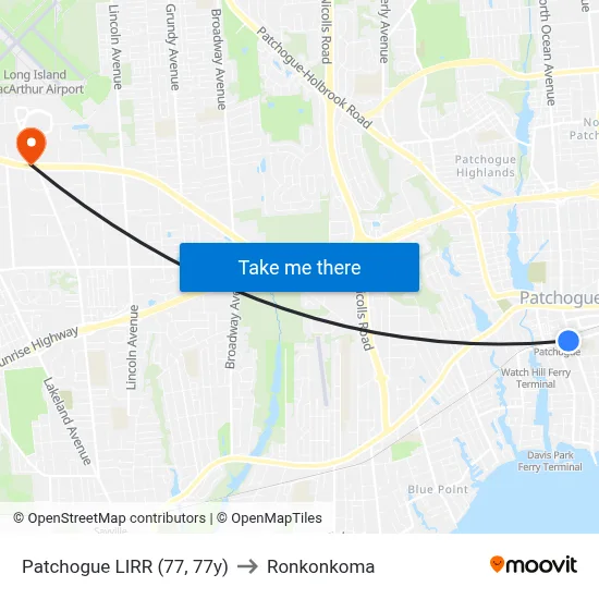 Patchogue LIRR (77, 77y) to Ronkonkoma map