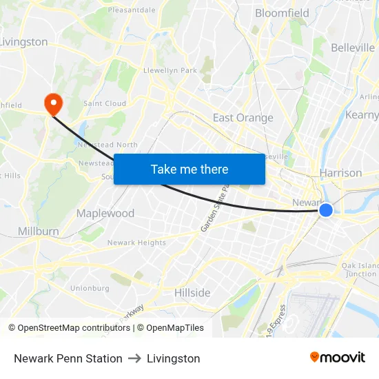 Newark Penn Station to Livingston map