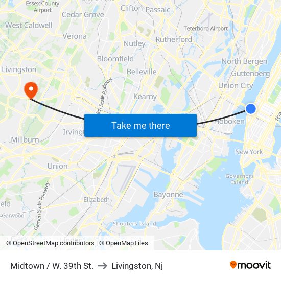 Midtown / W. 39th St. to Livingston, Nj map