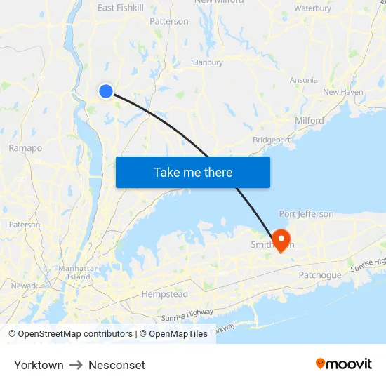 Yorktown to Nesconset map