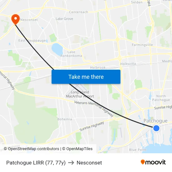 Patchogue LIRR (77, 77y) to Nesconset map