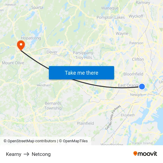 Kearny to Netcong map