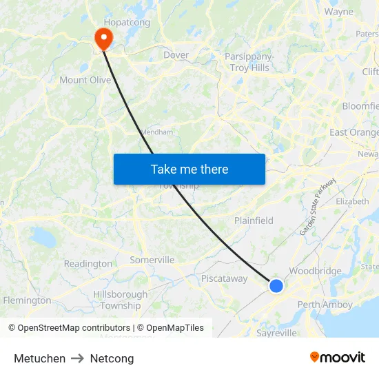 Metuchen to Netcong map