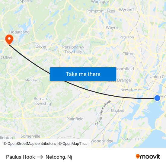 Paulus Hook to Netcong, Nj map