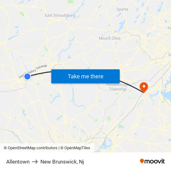 Allentown to New Brunswick, Nj map