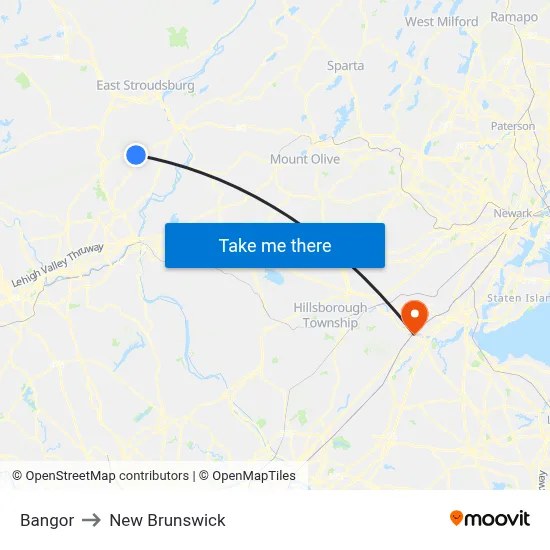 Bangor to New Brunswick map