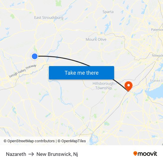 Nazareth to New Brunswick, Nj map