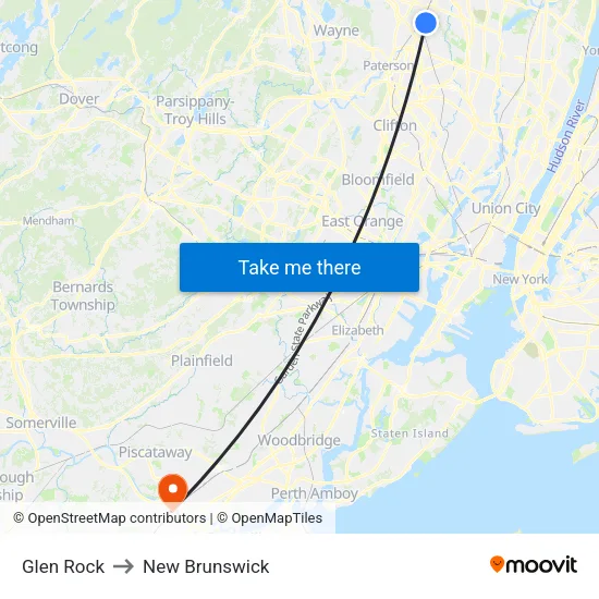 Glen Rock to New Brunswick map