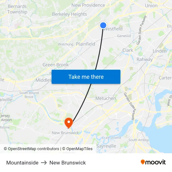 Mountainside to New Brunswick map