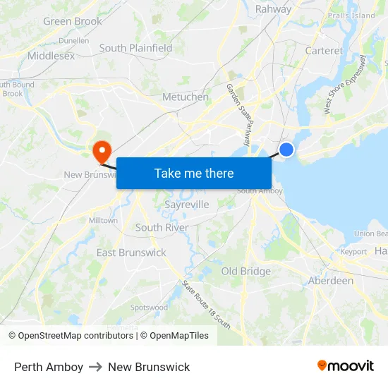 Perth Amboy to New Brunswick map