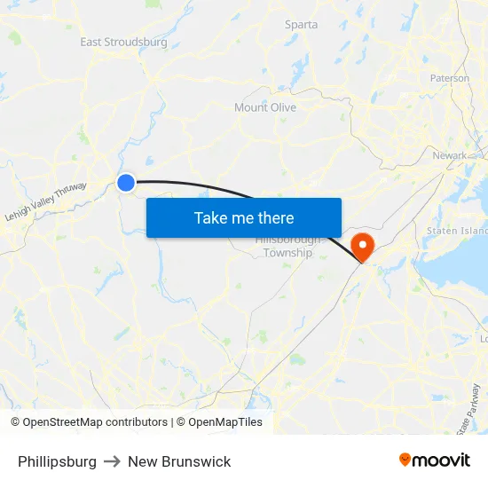 Phillipsburg to New Brunswick map