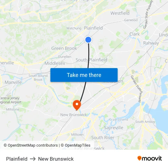 Plainfield to New Brunswick map