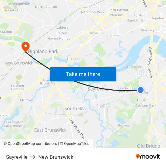 Sayreville to New Brunswick map