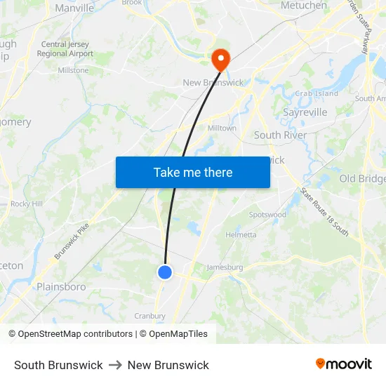 South Brunswick to New Brunswick map