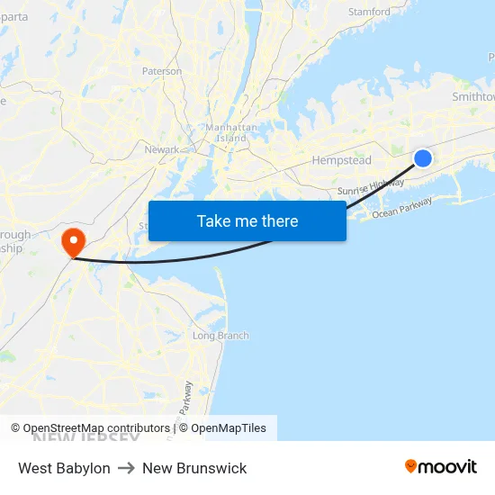West Babylon to New Brunswick map