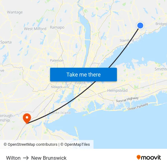 Wilton to New Brunswick map