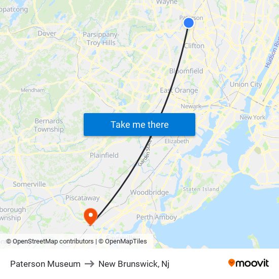 Paterson Museum to New Brunswick, Nj map