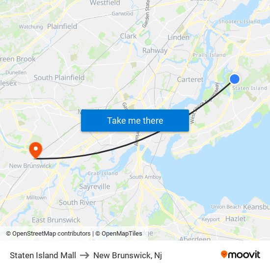 Staten Island Mall to New Brunswick, Nj map