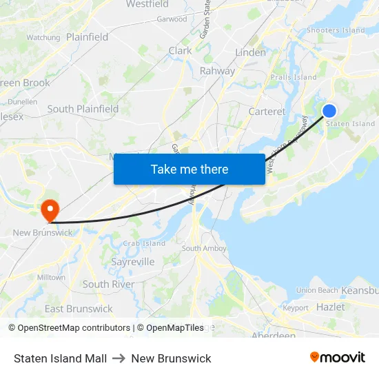 Staten Island Mall to New Brunswick map
