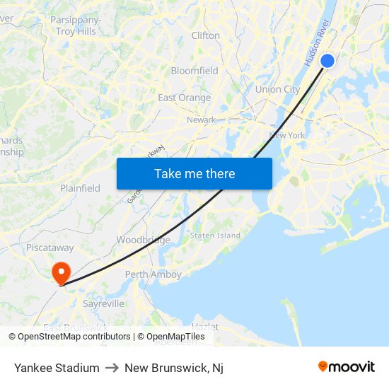 Yankee Stadium to New Brunswick, Nj map
