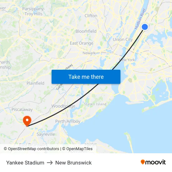 Yankee Stadium to New Brunswick map