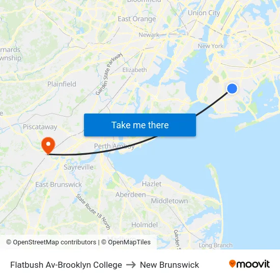 Flatbush Av-Brooklyn College to New Brunswick map