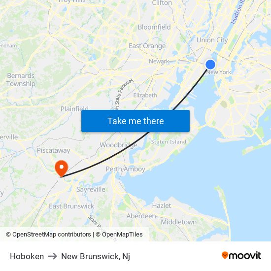 Hoboken to New Brunswick, Nj map