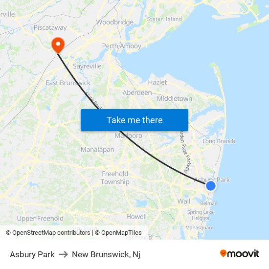 Asbury Park to New Brunswick, Nj map