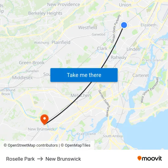 Roselle Park to New Brunswick map
