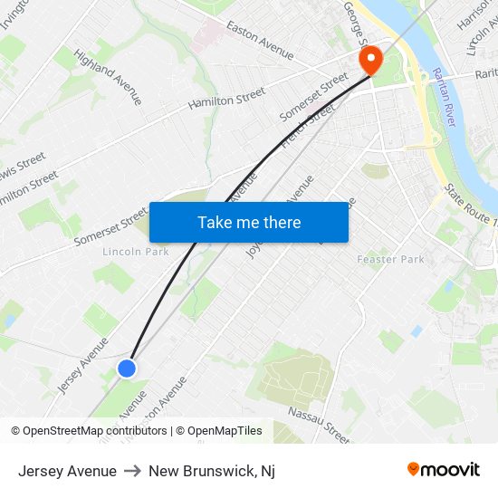 Jersey Avenue to New Brunswick, Nj map