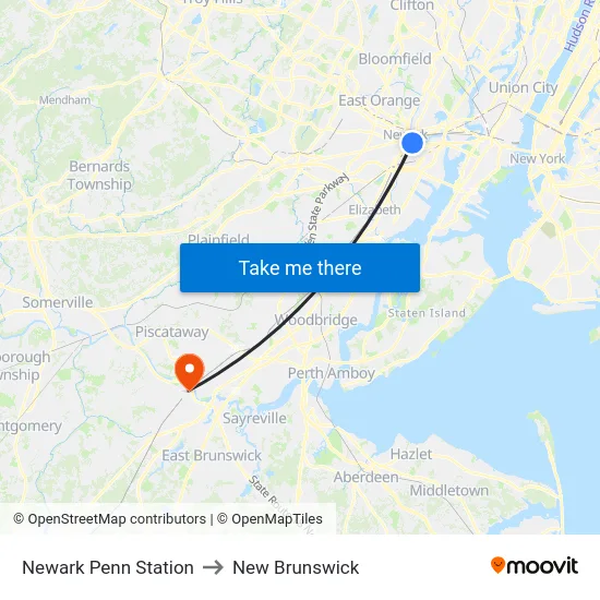 Newark Penn Station to New Brunswick map