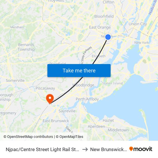 Njpac/Centre Street Light Rail Station to New Brunswick, Nj map