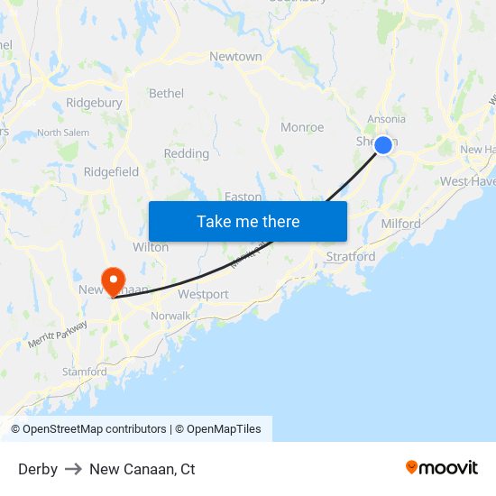 Derby to New Canaan, Ct map