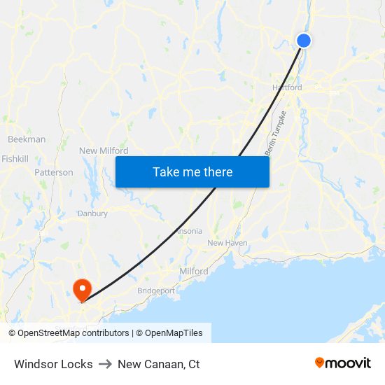 Windsor Locks to New Canaan, Ct map
