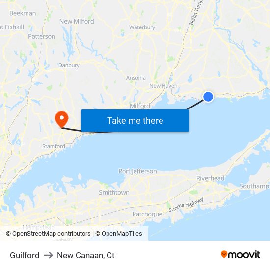 Guilford to New Canaan, Ct map