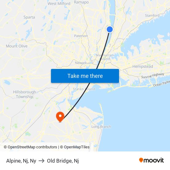 Alpine, Nj, Ny to Old Bridge, Nj map