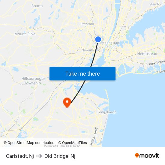 Carlstadt, Nj to Old Bridge, Nj map