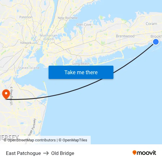 East Patchogue to Old Bridge map