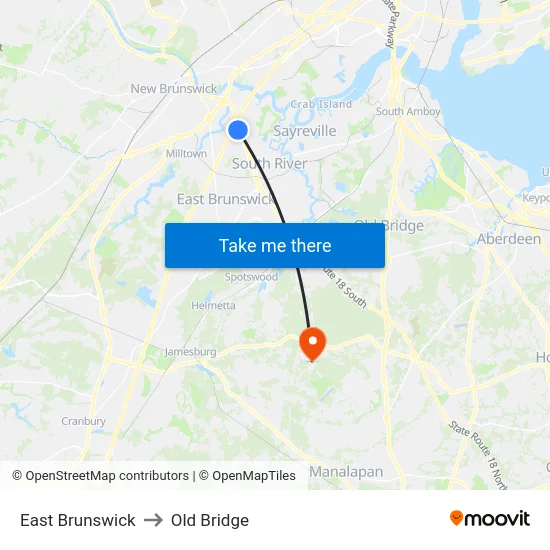 East Brunswick to Old Bridge map
