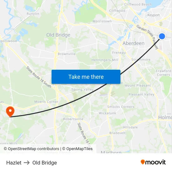 Hazlet to Old Bridge map