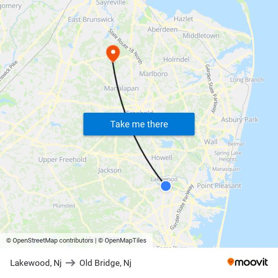 Lakewood, Nj to Old Bridge, Nj map