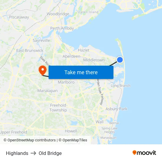Highlands to Old Bridge map